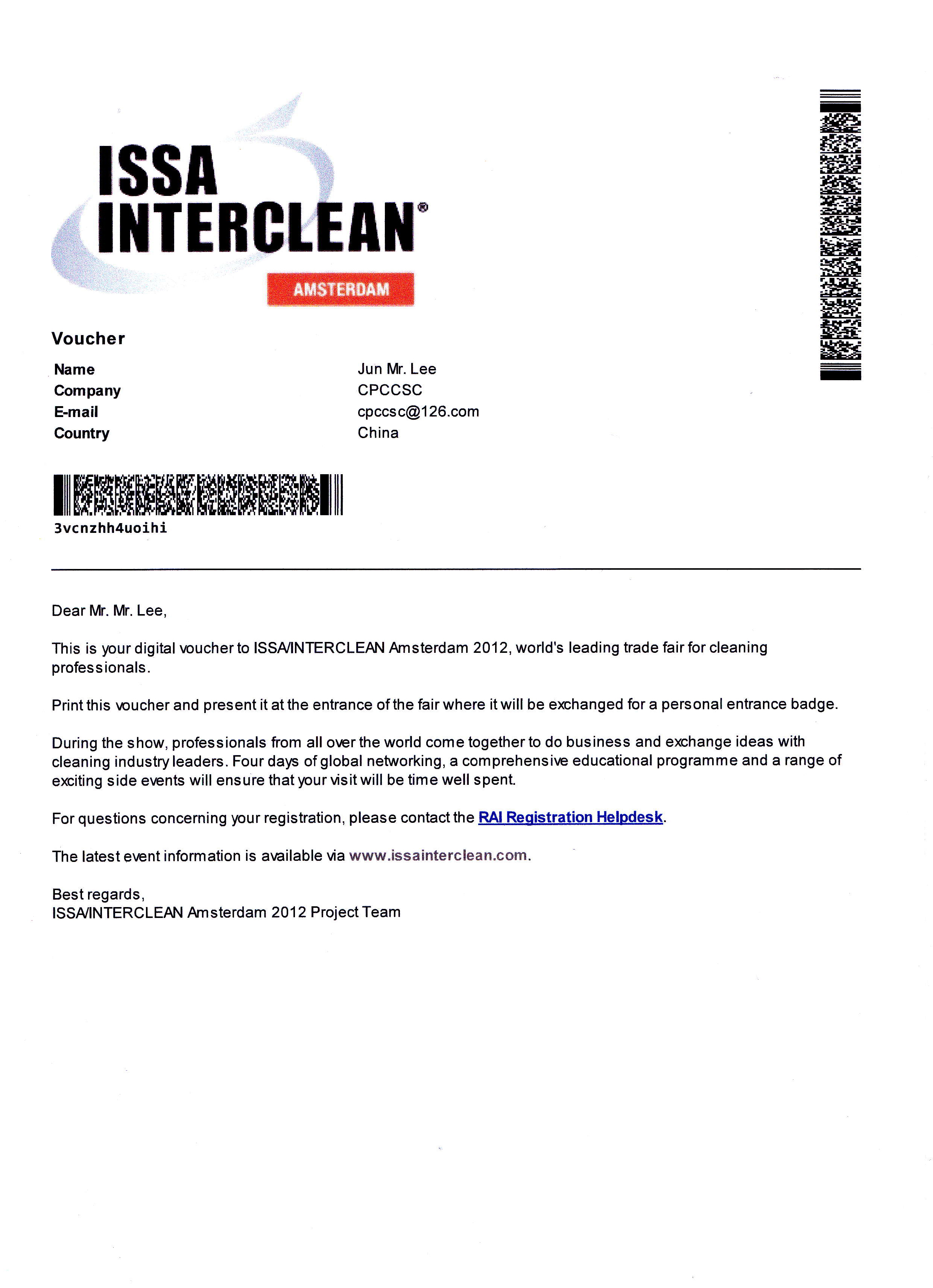阿姆斯特丹国际清洁清洗展览会主办方向李军秘书长发出邀请函